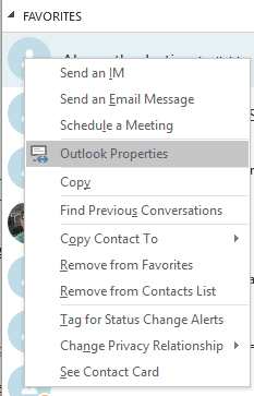 Outlook Properties context menu